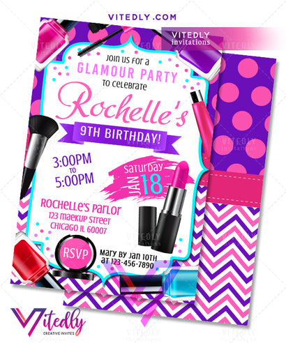 Spa Party Invitation, Sleepover Birthday Party, Makeup invitation, Makeup birthday party