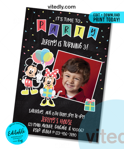Editable Mickey Mouse Invitation, Editable Mickey Mouse Birthday Invitation, INSTANT DOWNLOAD