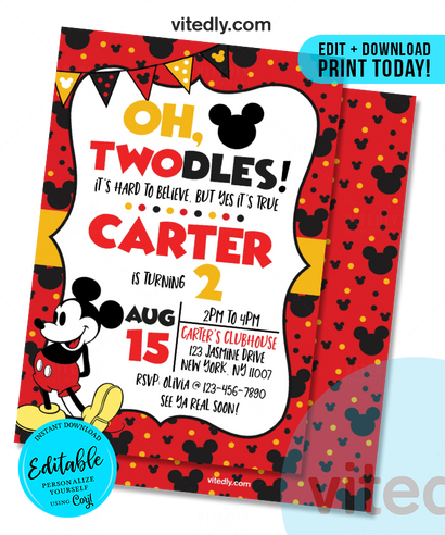 Editable Mickey Mouse Invitation, Editable Mickey Mouse Birthday Invitation, INSTANT DOWNLOAD