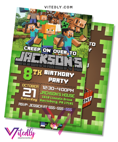 Minecraft Invitation, Minecraft Birthday Invitation, Minecraft Invitations