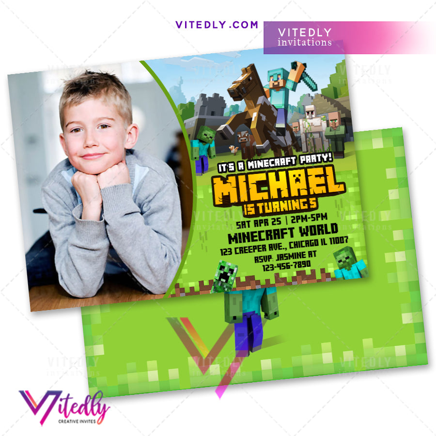 Personalised Minecraft Birthday Party Invitation with Envelopes