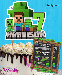 Minecraft Invitation with Cake Topper
