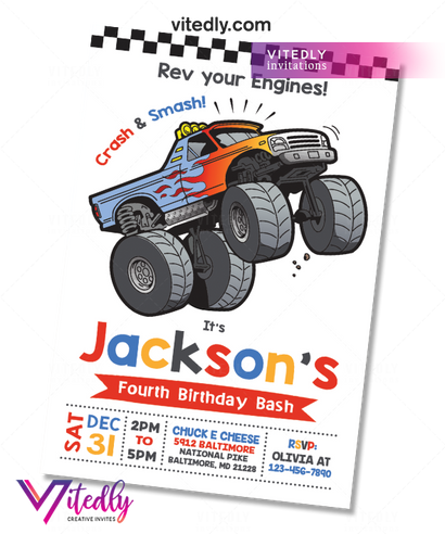 Monster Truck Invitation, Monster Truck Birthday Invitation