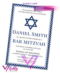 Elegant Navy Blue Bar Mitzvah Invitation