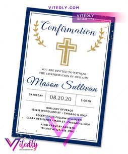 Gold Navy Blue Boy Confirmation Invitation