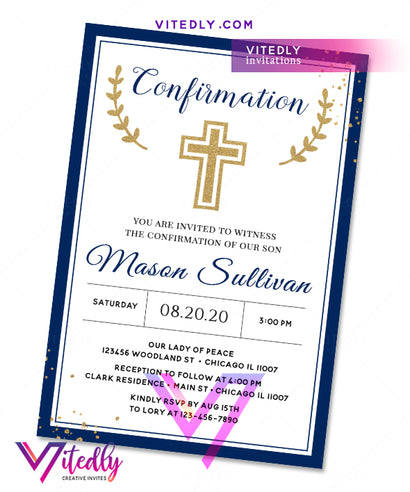 Gold Navy Blue Boy Confirmation Invitation