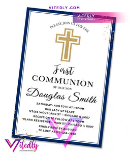 Navy Blue Boys First Communion Invitation