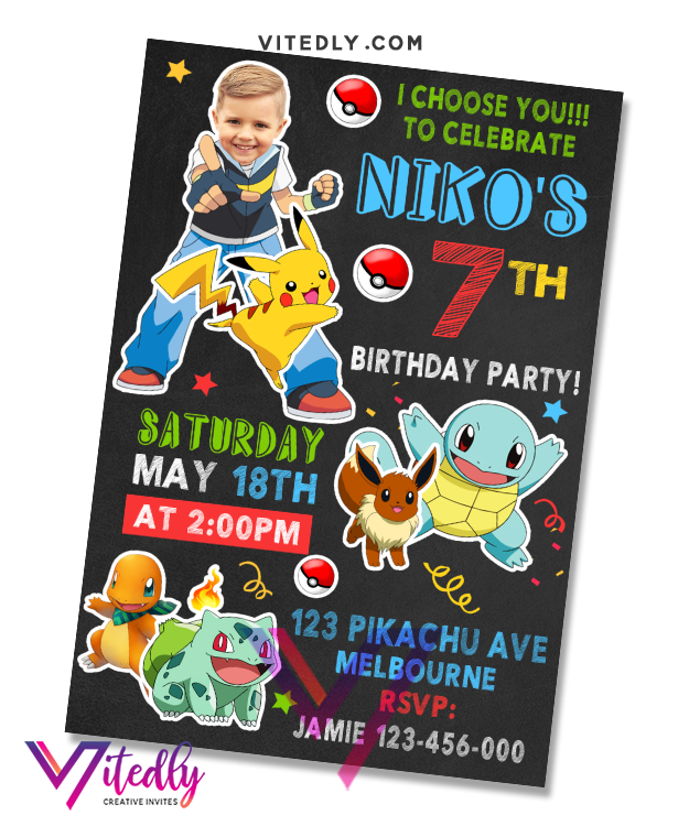 Pokemon Birthday Invitation with Custom Face and FREE Thank you card Vitedly Pokemon Birthday Invitation with Custom Face and FREE Thank you card Vitedly
