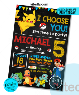 Editable Pokemon Invitation, Editable Pokemon Birthday Invitation, INSTANT DOWNLOAD