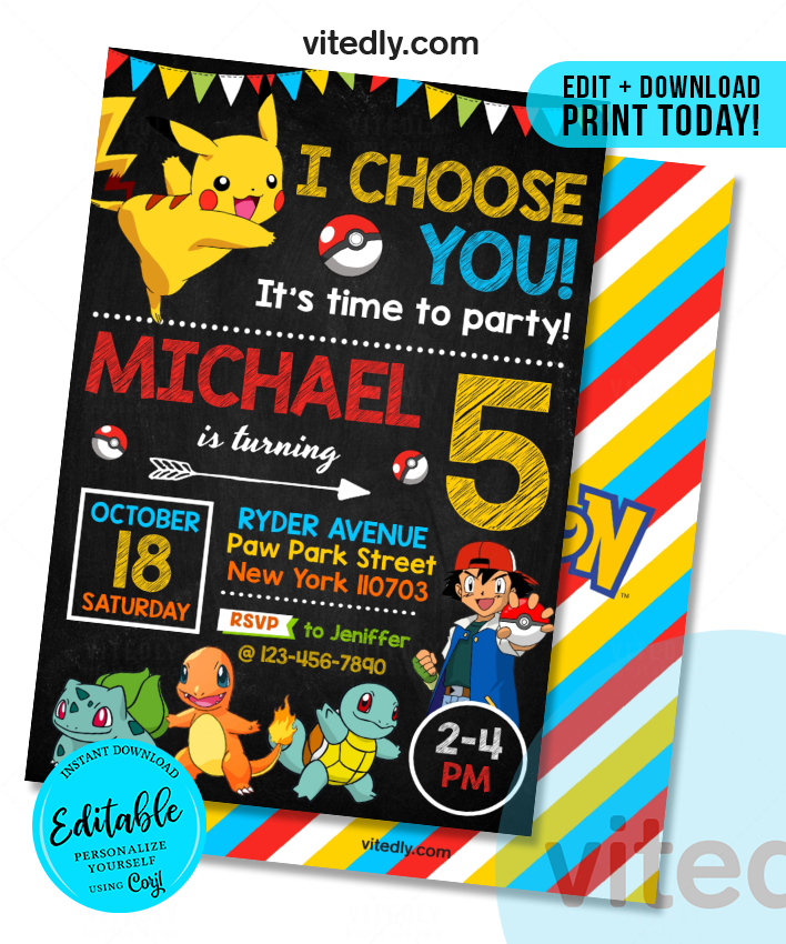 Editable Pokemon Invitation, Editable Pokemon Birthday Invitation, INSTANT DOWNLOAD