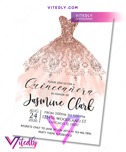 Rose Gold Dress Quinceanera Invitation