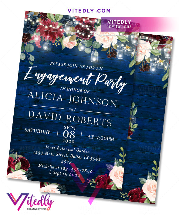 Rustic Blue Burgundy Engagement Party Invitation