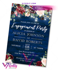 Rustic Blue Burgundy Engagement Party Invitation