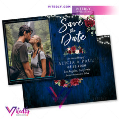 Rustic Burgundy Blue Floral Save the Date Photo Invitation
