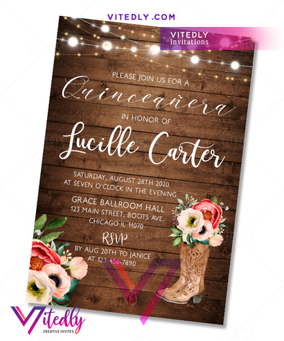 Cowgirl Boots Rustic Quinceañera Birthday Invitations