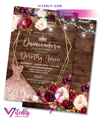Rustic Burgundy Floral Quinceañera 15th Birthday Invitation