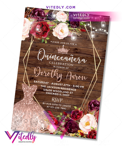 Rustic Burgundy Floral Quinceañera 15th Invitation