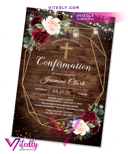 Rustic Wood Burgundy Confirmation Invitation