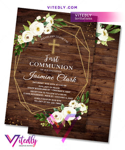 Rustic Wood First Communion Invitation