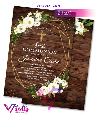 Rustic Wood First Communion Invitation