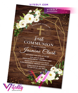 Rustic Wood First Communion Invitation