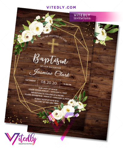 Rustic Wood Girl Baptism Invitation