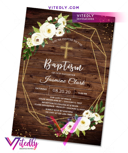 Rustic Wood Girl Baptism Invitation