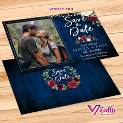 Burgundy Blue Floral Save the Date Announcement