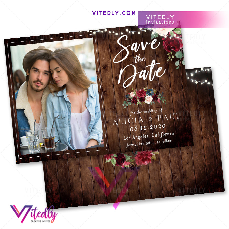 Rustic Burgundy Wedding Save the Date Announcement Invitation