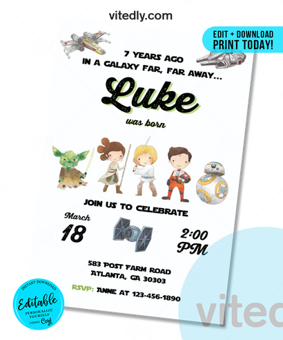 Editable Star Wars Birthday Invitation, Star Wars Invite, INSTANT DOWNLOAD