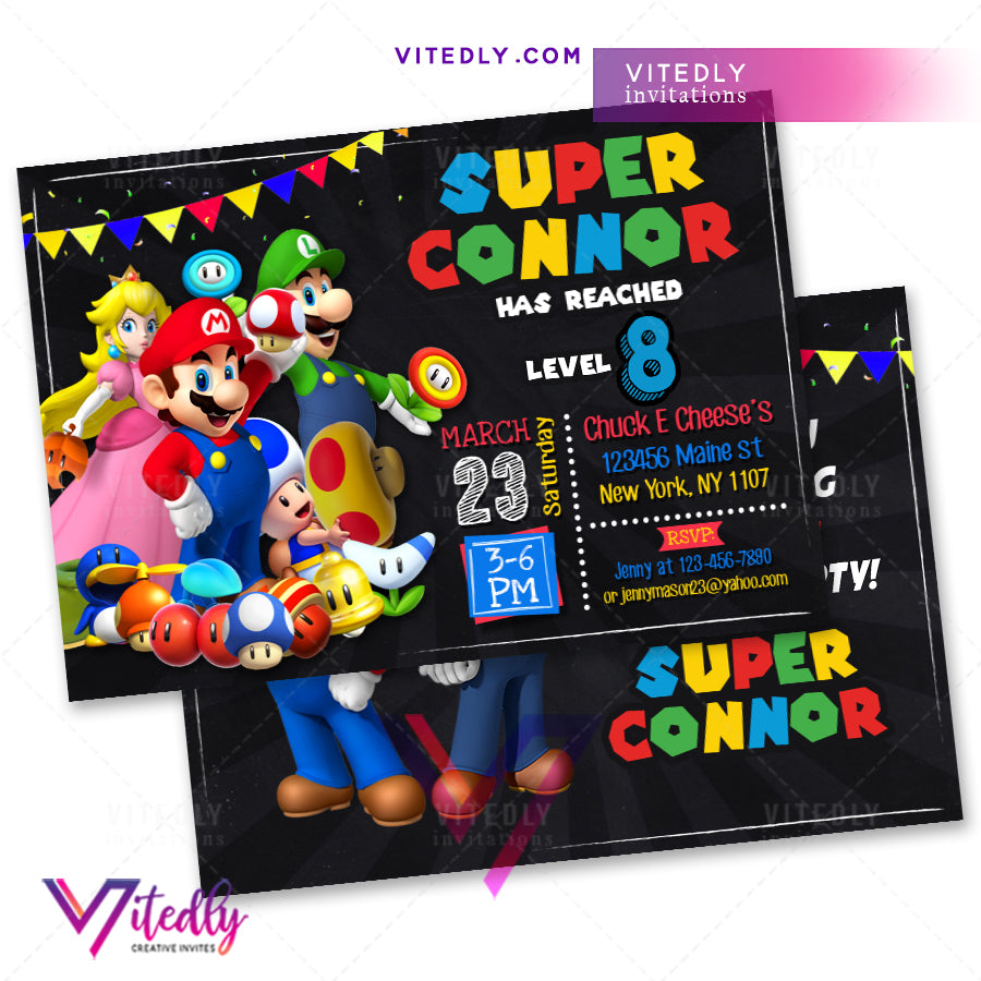Super Mario Invitations, Super Mario Birthday Invitation, Super Mario Party Invites