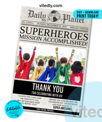 Superhero Birthday Invitation Newspaper thank you card