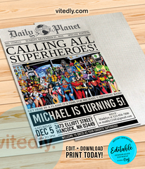 Superhero Birthday Invitation Newspaper theme, Instant download superhero invitation, Avengers invitation editable