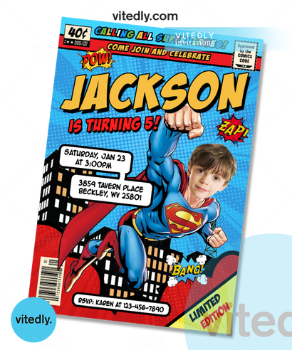 Superman Birthday Invitation, Superman Invitation with custom face