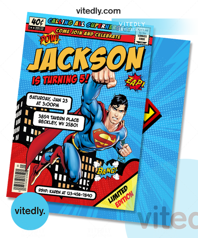 Superman Birthday Invitation, Superman Invitation, Superhero Invitation