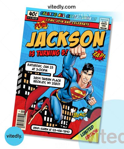 Superman Birthday Invitation, Superman Invitation, Superhero Invitation