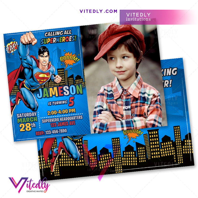 Superman Invitation with Custom Face and FREE Thank you card! – Vitedly