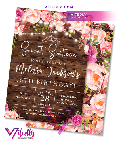 Sweet 16 Invitation Rustic Floral