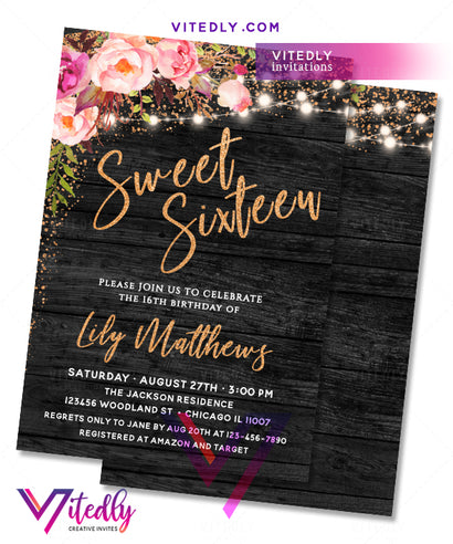 Sweet 16 Invitation Rustic Floral