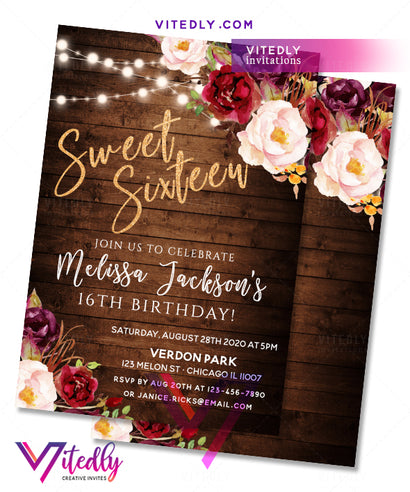 Sweet 16 Birthday Invitation Rustic Floral