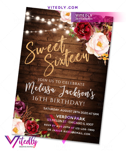 Sweet 16 Invitation Rustic Floral
