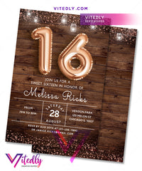 Sweet 16 Invitation, 16th Birthday Rustic Invitation
