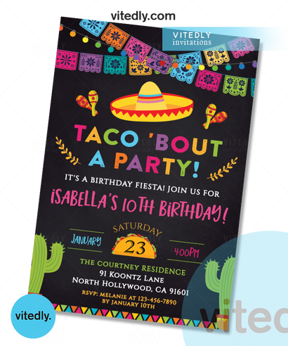 Taco Bout a Party Invitation for Girls, Fiesta Birthday Party Invite for Girls, Mexican Invitation for Girls, Cactus Invite, Taco Invitation Chalkboard