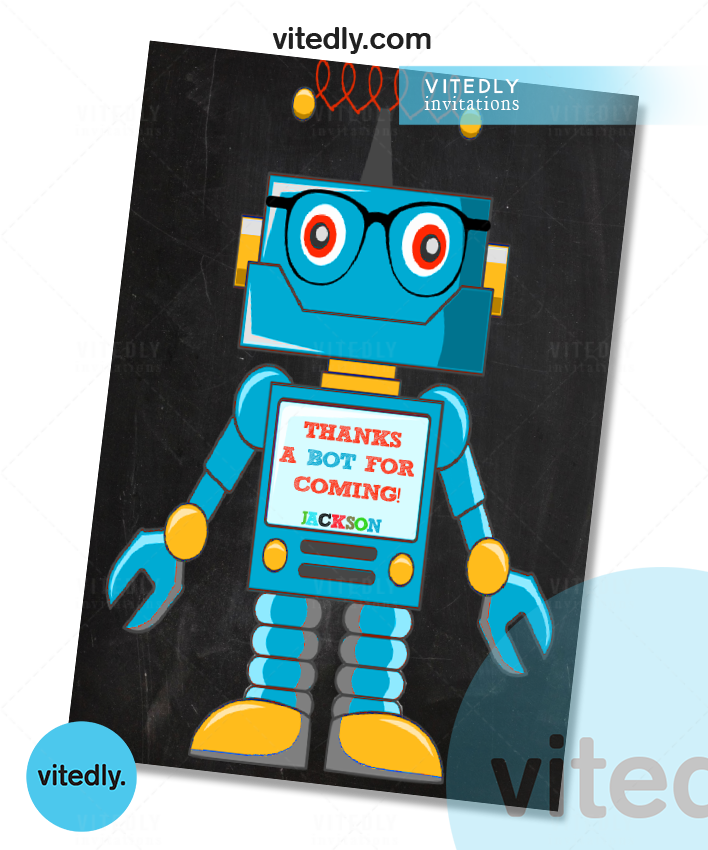 Thank You Using Bot Robot Birthday Invitation with FREE Thank You Card – Vitedly