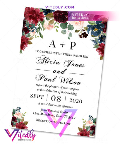 Burgundy Floral Wedding invitation