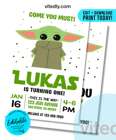 Editable Baby Yoda Birthday Invitation | Editable | INSTANT DOWNLOAD
