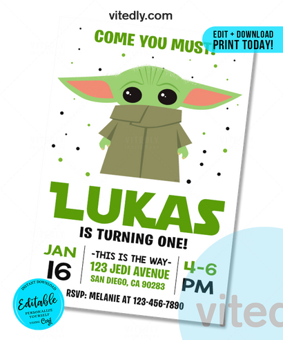 Editable Baby Yoda Birthday Invitation | Editable | INSTANT DOWNLOAD