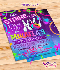 Let's Strike up some fun! Bowling Invitations for girls, Bowling Party Invitations for girls, Bowling Theme Party for girls 