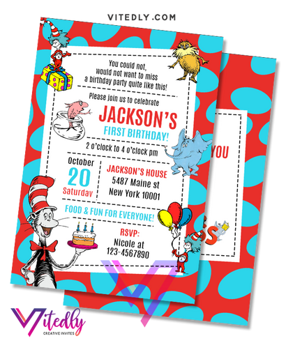 Dr Seuss Birthday Invitation, Dr Seuss Invitation, Doctor Seuss Invitation