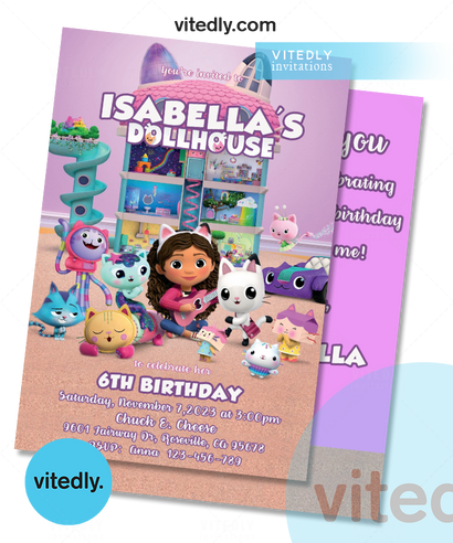 Gabby's Dollhouse Birthday Invitation with Thank You Card